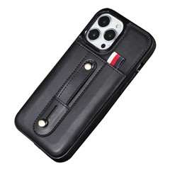 For iPhone 15 Pro Max Case Card Slot Leather Coated TPU Kickstand Cover - Black