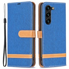 For Samsung Galaxy S25+ / S24+ Phone Case Jeans Cloth Splicing Stand PU Leather Phone Cover - Sapphire