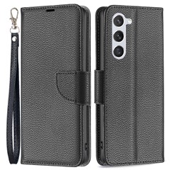For Samsung Galaxy S25 / S24 Wallet Case with Wrist Strap Litchi Texture Leather Phone Stand Cover - Black