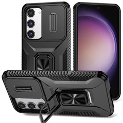 For Samsung Galaxy S23 Case Slide Lens Lid PC+TPU Phone Kickstand Cover - Black