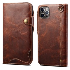 Wallet Phone Shell for iPhone 14 Pro Case Waxy Genuine Cow Leather Cover with Card Slot - Brown