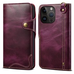 For iPhone 14 Pro Max Case Wallet Phone Shell Card Slot Waxy Genuine Cow Leather Cover - Purple