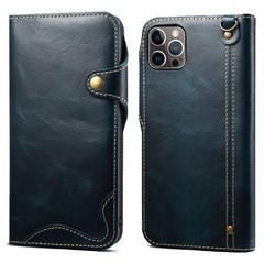 For iPhone 15 Pro Case Waxy Genuine Cow Leather Phone Wallet Shockproof Cover - Blue