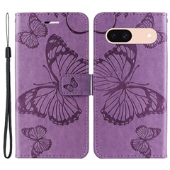 For Google Pixel 8a Wallet Case Floral Butterfly Imprinted Leather Phone Cover Stand - Purple