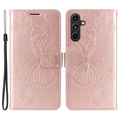 For Samsung Galaxy A15 5G Wallet Case Floral Butterfly Imprinted Leather Phone Cover Stand - Rose Gold