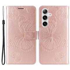 For Samsung Galaxy S25+ / S24+ Wallet Case Floral Butterfly Imprinted Leather Phone Cover Stand - Rose Gold