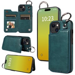 003 For iPhone 15 Plus / 14 Plus Case Anti-Drop Card Slot Phone Case Kickstand PU+TPU Cover - Blue