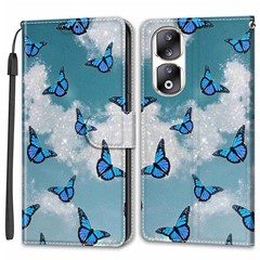 For Honor 90 Pro Case PU Leather Pattern Printing Stand Cover - White Cloud / Blue Butterflies