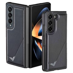 For Samsung Galaxy Z Fold4 5G Case Retro V-Shape Decor PU Leather Card Holder Smart Phone Cover - Black