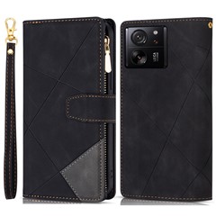 For Xiaomi 13T / 13T Pro / Redmi K60 Ultra Case Lines Imprinted Zipper Pocket Cover - Black