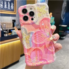 For iPhone 15 Pro TPU Case Pink Oil Painting Flower Wavy Edge Phone Cover