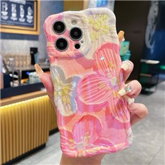 For iPhone 15 Pro Max Phone Case Pink Oil Painting Flower TPU Cover with Wavy Edge