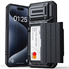 For iPhone 15 Pro Case Sliding Card Holder Kickstand Anti-drop Phone Cover - Black