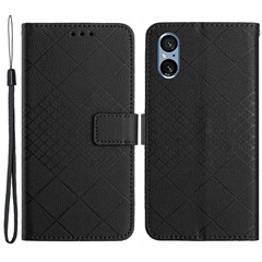 HT06 For Sony Xperia 5 V Case PU Leather Rhombus Pattern Stand Phone Cover - Black
