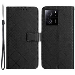 HT06 For Xiaomi 13T / 13T Pro / Redmi K60 Ultra Case PU Leather Rhombus Pattern Stand Smart Phone Cover - Black