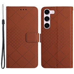 HT06 For Samsung Galaxy S23 Case PU Leather Rhombus Pattern Stand Mobile Phone Cover - Brown