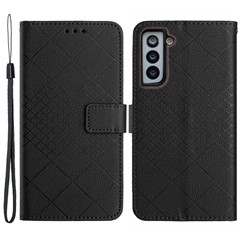 HT06 For Samsung Galaxy S22 5G Case Anti-scratch PU Leather Rhombus Pattern Stand Phone Cover - Black