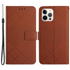 HT06 For iPhone 14 Pro Case Imprint PU Leather Litchi Texture Phone Cover - Brown