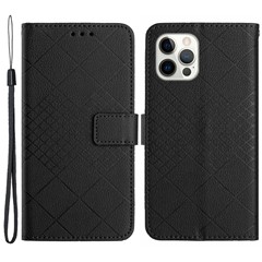HT06 For iPhone 14 Pro Max Case Imprint Litchi Texture PU Leather Stand Smart Phone Cover - Black