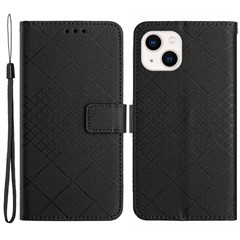 HT06 For iPhone 15 Case PU Leather Rhombus Pattern Scratch-resistant Phone Cover - Black