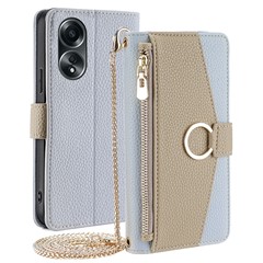 For Oppo A58 4G Case Stand PU Leather Zipper Pocket Makeup Mirror Phone Cover - Blue