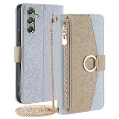 For Samsung Galaxy M34 5G / F34 5G Case PU Leather Crossbody Phone Cover with Makeup Mirror - Blue
