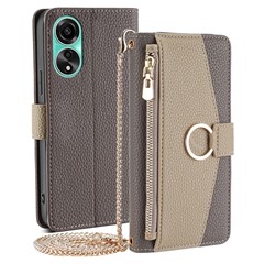 For Oppo A78 4G Case Magnetic Zipper Pocket PU Leather Makeup Mirror Phone Cover - Grey