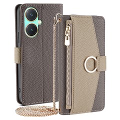 For vivo Y27 4G Case PU Leather Ring Holder Phone Cover with Lanyard Strap - Grey