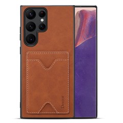 DENIOR For Samsung Galaxy S24 Ultra Case Leather+TPU Phone Kickstand Cover with Card Holder - Brown
