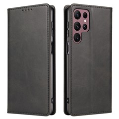 For Samsung Galaxy S24 Ultra Case Magnetic Auto Closing Cell Phone Shell PU Leather Cover - Black