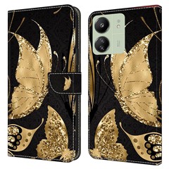 For Xiaomi Redmi 13C 4G / 13C 5G / Poco C65 4G / Poco M6 5G / 13R 5G Phone Case PU Leather 3D Pattern Flip Folio Cover - Golden Butterfly