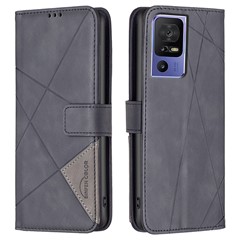 BINFEN COLOR For TCL 40 SE Phone Cases Wallet Stand Geometry Imprint Leather Cover - Black