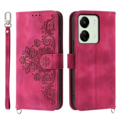 For Xiaomi Redmi 13C 4G / 13C 5G / Poco C65 4G / Poco M6 5G / 13R 5G Case Skin Touch Flower Imprinted Phone Wallet Cover - Wine Red