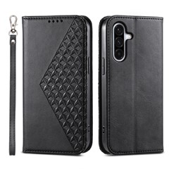 For Samsung Galaxy A35 5G Case Splicing Rhombus PU Leather+TPU Wallet Cover - Black