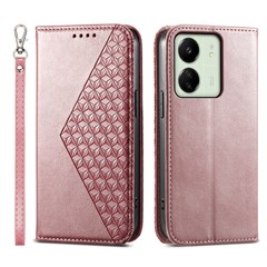 For Xiaomi Redmi 13C 4G / 13C 5G / Poco C65 4G / Poco M6 5G / 13R 5G Case Imprinted Rhombus Pattern PU Leather Mobile Phone Cover - Rose Gold