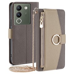 For vivo V29e (Global) 5G Case Zipper Pockets Leather Phone Cover with Strap - Grey