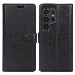 For Samsung Galaxy S24 Ultra Case Litchi Texture Wallet Phone Cover with Stand - Black