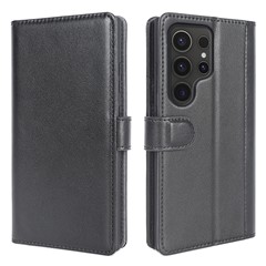 For Samsung Galaxy S24 Ultra Case Genuine Split Leather Phone Cover with Wallet Stand - Black