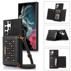 For Samsung Galaxy S24 Ultra Case Rhinestone Phone Cover with Wallet RFID Blocking - Black