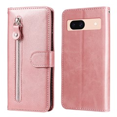 For Google Pixel 8a Zipper Case Leather Phone Cover in Calfskin Design - Pink