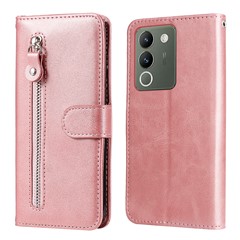 For vivo Y200 (India) 5G / V29e (Global) 5G Zipper Wallet Case Calfskin Leather Cover - Pink