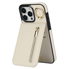 Retro Cover for iPhone 13 Pro Max , Ring Kickstand PU+TPU Anti-fall Cell Phone Case - Beige