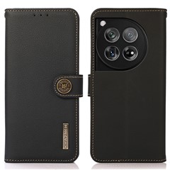 KHAZNEH For OnePlus 12 5G Cell Phone Case Genuine Cow Leather+TPU RFID Blocking Stand Cover - Black