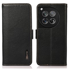 KHAZNEH For OnePlus 12 5G Case Genuine Cow Leather Litchi Texture RFID Blocking Phone Cover - Black