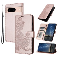 For Google Pixel 8a Phone Cases Mandala Flower Leather Wallet Mobile Cover with Strap - Pink