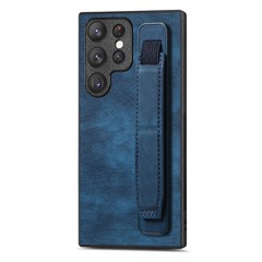 D11 For Samsung Galaxy S22 Ultra 5G Case Wristband Kickstand Leather Coated TPU Protective Cover - Blue