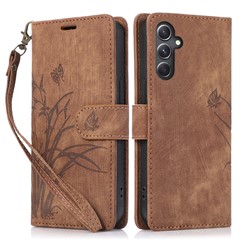 For Samsung Galaxy A14 4G / 5G Wallet Case Leather Cover Orchid Butterfly Pattern - Brown