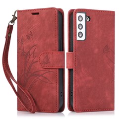 For Samsung Galaxy S23+ Flip Leather Case Wallet Cover Orchid Butterfly Pattern - Red
