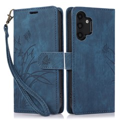 For Samsung Galaxy A13 4G / 5G Orchid Butterfly Leather Wallet Case with Strap - Blue
