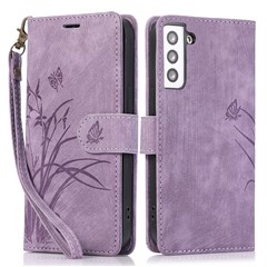 For Samsung Galaxy S23 Phone Case Wallet Folding Stand Orchid Butterfly Pattern - Purple